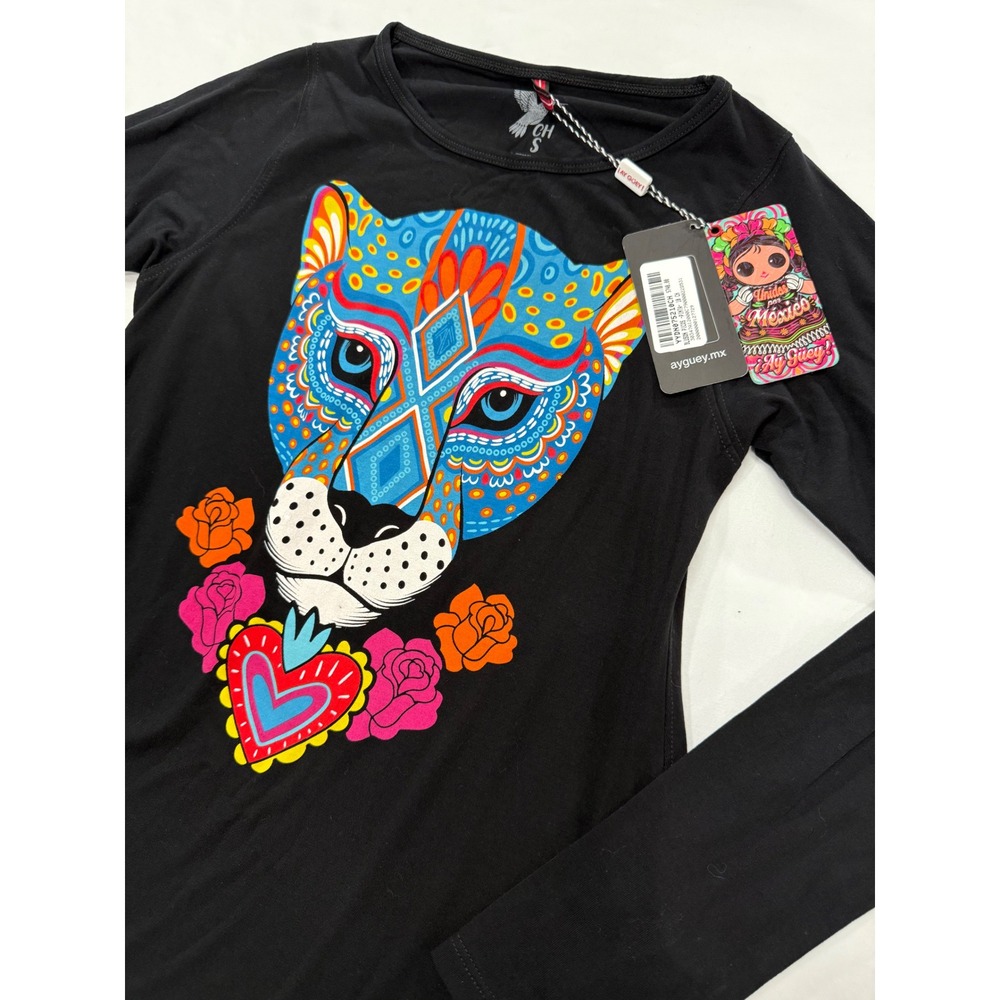 Ay Guey Mexico Jaguar Graphic Tunic Top Black Handkerchief Hem Small NEW
